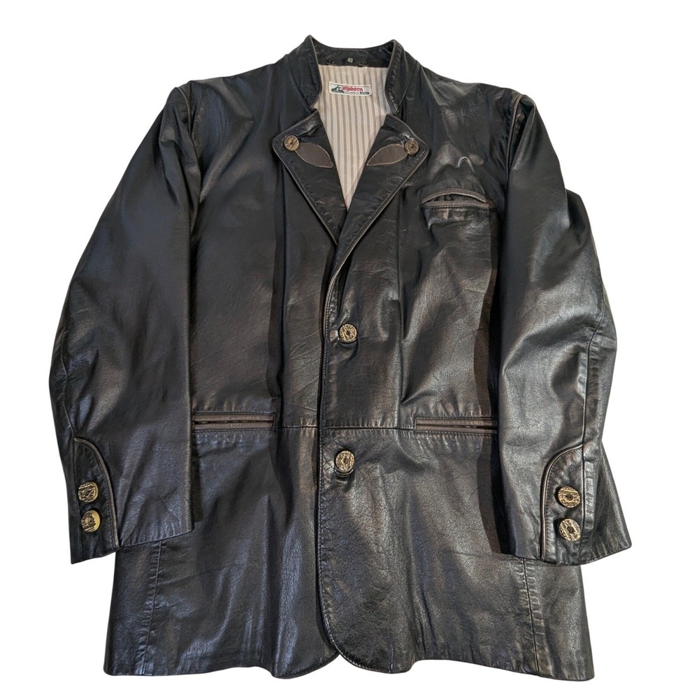 Vintage‎ Alphorn Leather Jacket 48 Black Trachten Austrian Ornate Buttons